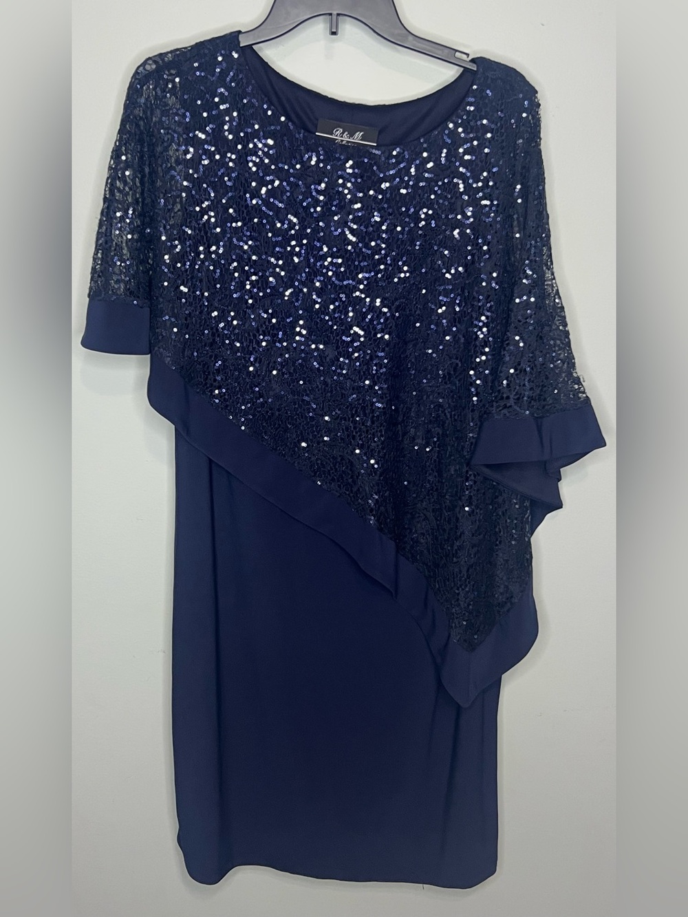 R&M Richards Navy Sequin Asymmetrical Overlay Dress